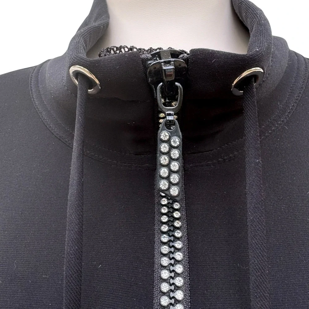 Joseph Ribkoff Mesh Insert Shirt Hem Rhinestone 1/4 Zip Black Mock Neck Grunge - Picture 7 of 10